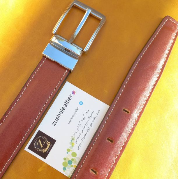 کمربند دستدوز مردانه سگک زبانه دار چرخشی تهيه شده از سه لایه چرم گاوی
